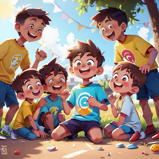 a group of children sitting on the ground together in a park with a kite flying overhead and a tree in the background