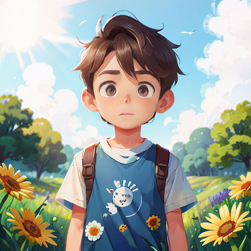 a boy with a backpack standing in a field of sunflowers with a sky background and clouds in the background