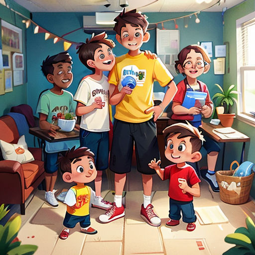 a group of children standing in a room with a man holding a book and a woman holding a book