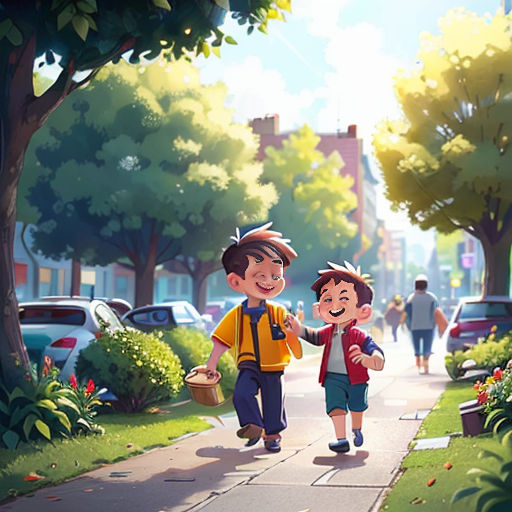 a couple of kids walking down a sidewalk next to a tree filled park with lots of flowers and trees