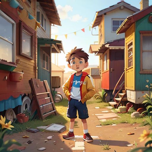 a boy standing in front of a bunch of houses in a cartoon style, with a dog in the background