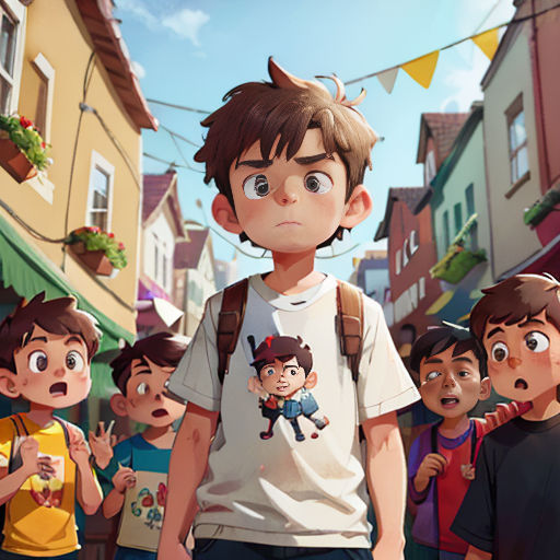 a group of children standing in front of a building with a boy in a white shirt and a boy in a red shirt