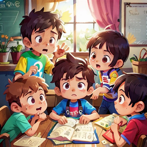 a group of children sitting at a table with an open book in front of them and a teacher standing behind them