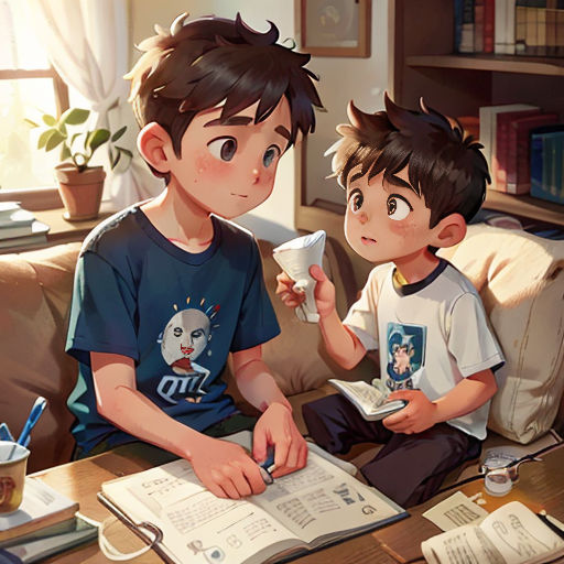 two children sitting on a couch reading a book and drinking coffee in a living room with a bookcase