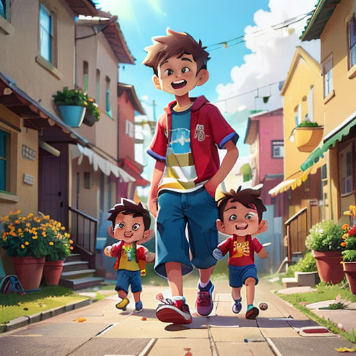 a cartoon of a boy and two boys walking down a street with houses in the background and a sky background