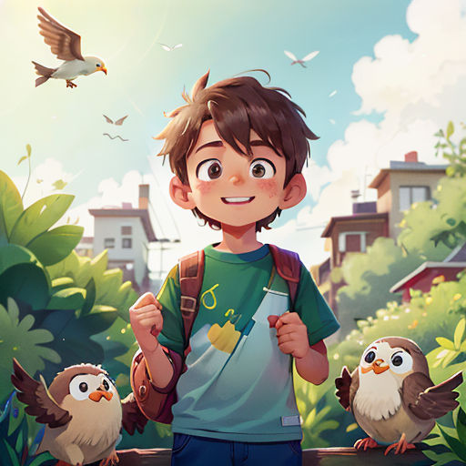 a boy with a backpack and two birds on a fence in front of him and a bird flying above him