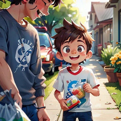 a boy holding a box of food next to a man on a sidewalk with a bag of food in his hand
