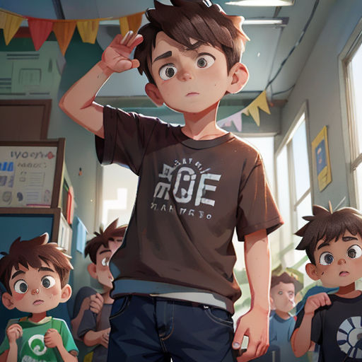 a boy in a classroom with other children in the background looking at him with a confused look on his face