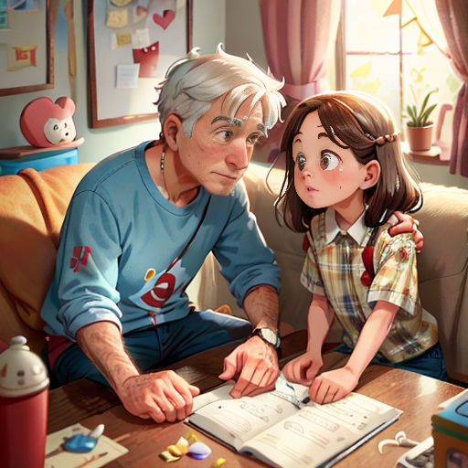 a man and a little girl sitting on a couch looking at a book together, with a child looking at the book