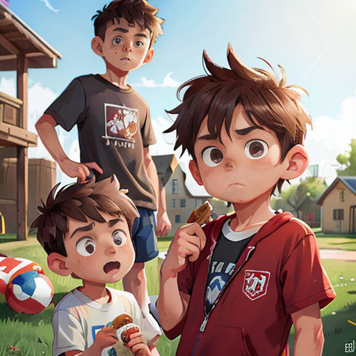 a group of children standing in a yard with a ball and a bat in their hands and a boy holding a bat