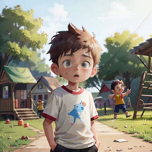 a boy standing on a sidewalk in a cartoon style with a boy in the background looking at the camera