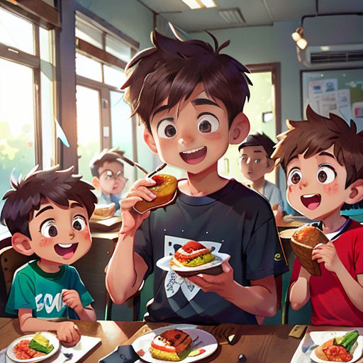 a group of children sitting at a table eating food together, with a boy holding a plate of food