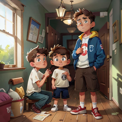 a boy and two boys standing in a hallway with a dog and a cat on the floor next to him