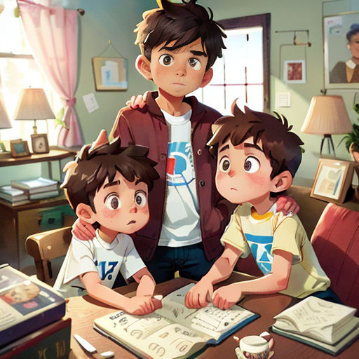 a man and two boys sitting at a table with a book in front of them and a cup of coffee