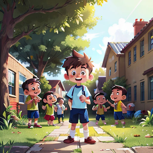 a group of children standing on a sidewalk in front of a house with a boy in the middle of the picture