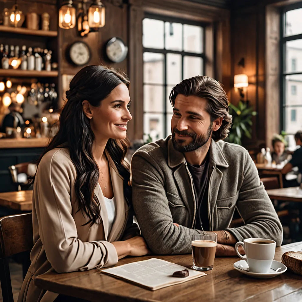 a man and woman sitting at a table in a restaurant smiling at each other with a book and a cup of coffee, arts and crafts movement, a stock photo, Christian Hilfgott Brand, professional food photography