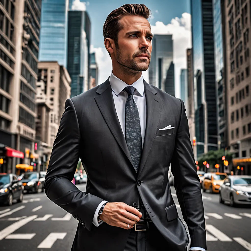 a man in a suit standing in the middle of a street in a city with tall buildings in the background, neoism, a stock photo, Christian Hilfgott Brand, masculine