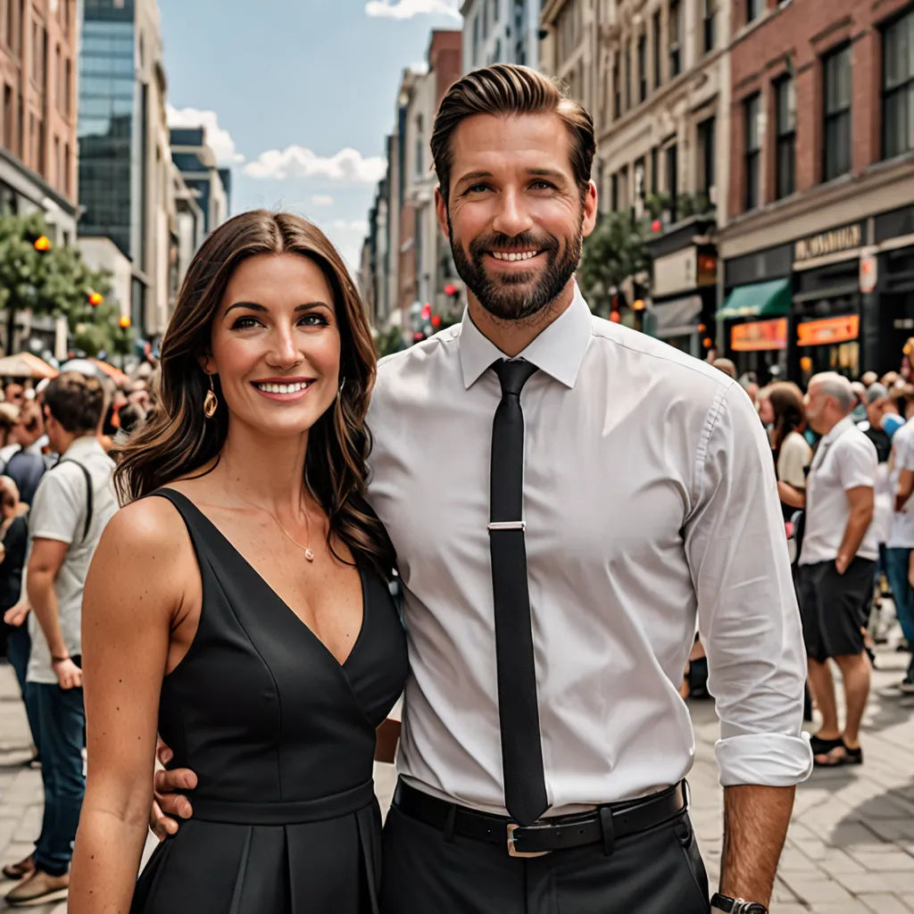 a man and woman standing next to each other on a street corner in a city with people walking around, private press, a stock photo, Drew Tucker, promotional image