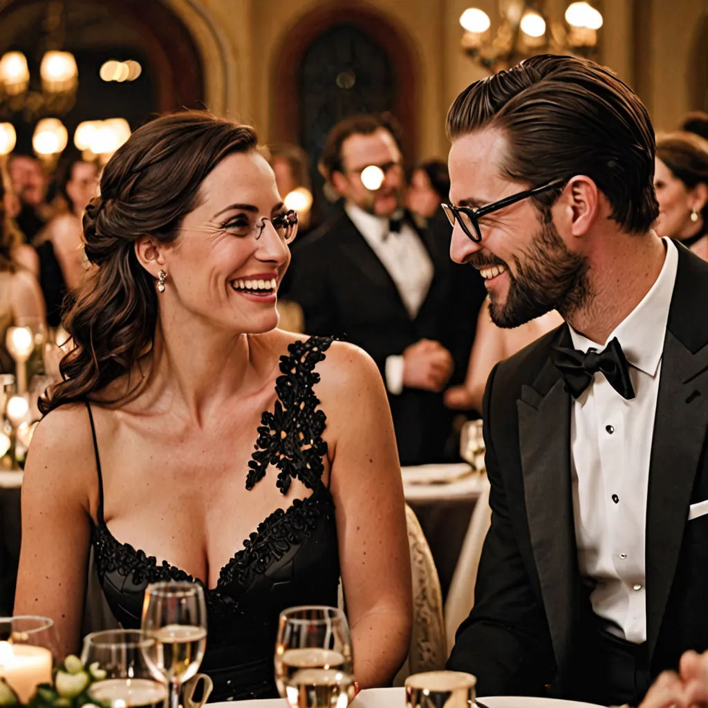 a man and a woman sitting at a table with wine glasses in front of them smiling at each other, german romanticism, a stock photo, Christian Hilfgott Brand, promotional image
