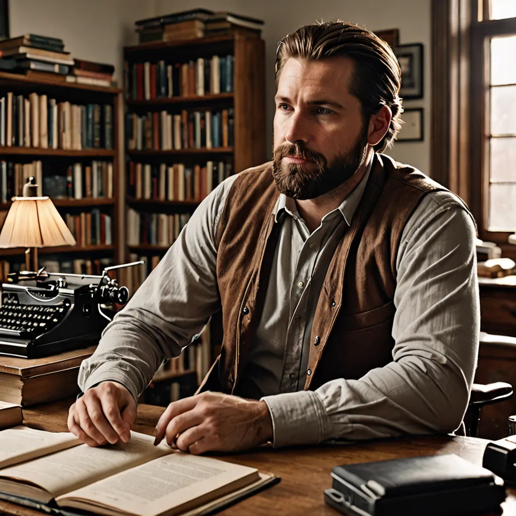 a man sitting at a desk with a book and typewriter in front of him and a lamp on the side, arts and crafts movement, a character portrait, Christian Hilfgott Brand, promotional image