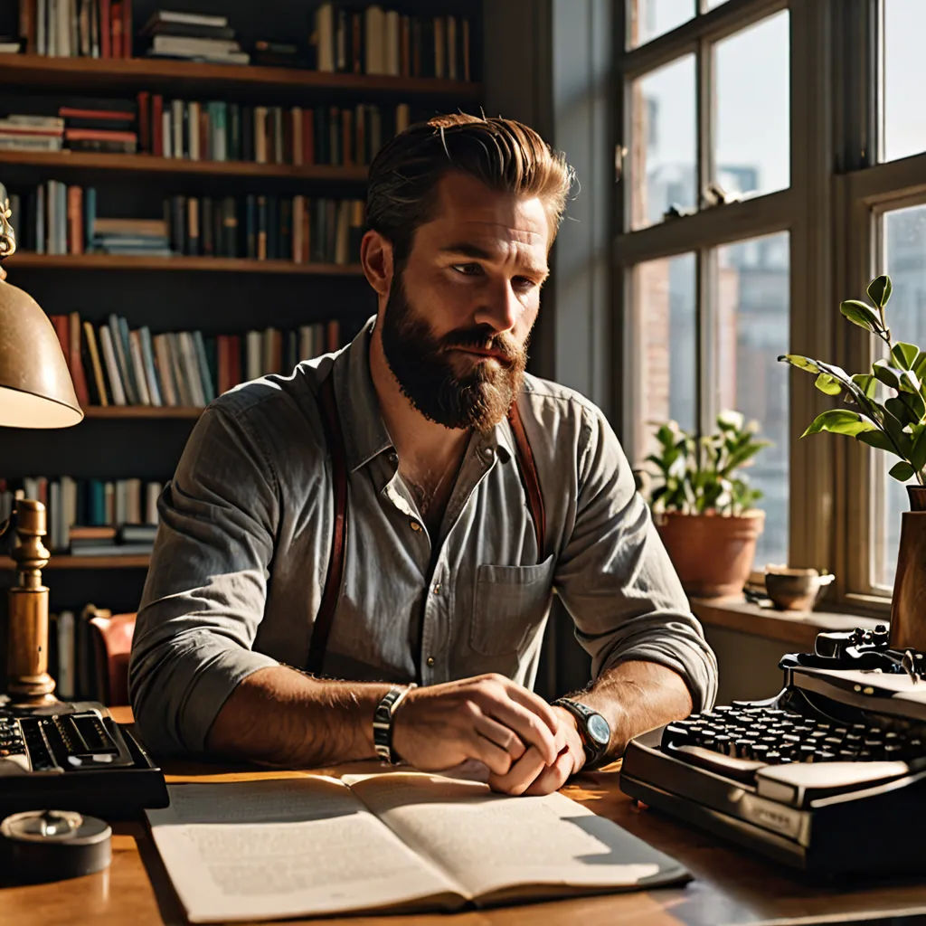 a man sitting at a desk with a book and typewriter in front of him and a plant in the corner, academic art, a stock photo, Art & Language, j. c. leyendecker 8 k