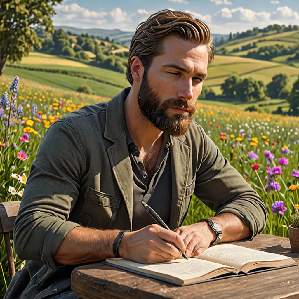 a man sitting at a table with a book and pen in his hand and a cup of coffee in front of him, arts and crafts movement, a stock photo, Christian Hilfgott Brand, promotional image