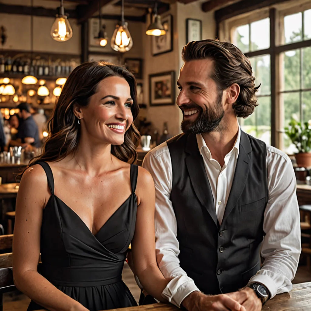 a man and a woman sitting at a bar smiling at each other and looking at each other with a smile on their faces, kitsch movement, a stock photo, Florence Engelbach, promotional image
