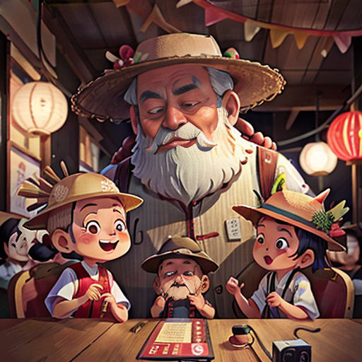 a group of people sitting around a table with a man in a hat on top of it and a woman in the middle