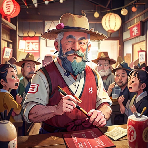 a man with a long beard and a hat is writing on a piece of paper while others look on