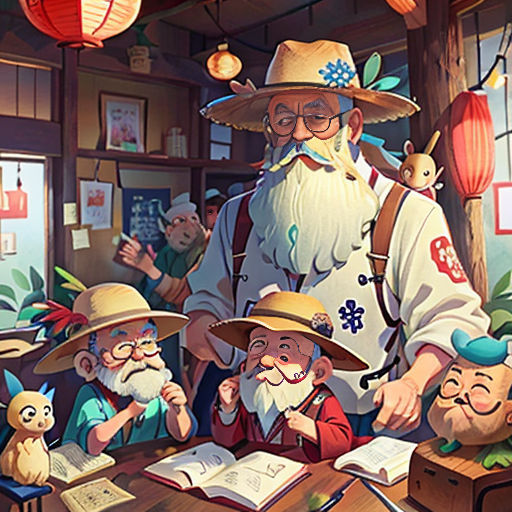 a group of people sitting around a table with books and paper lanterns hanging from the ceiling above them,