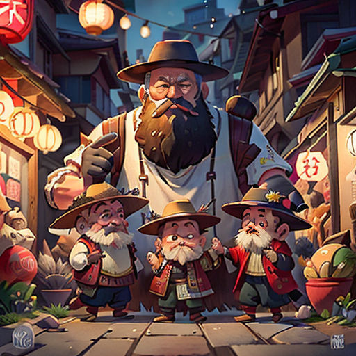 a group of cartoon characters standing in front of a store front with lanterns and lanterns hanging from the ceiling