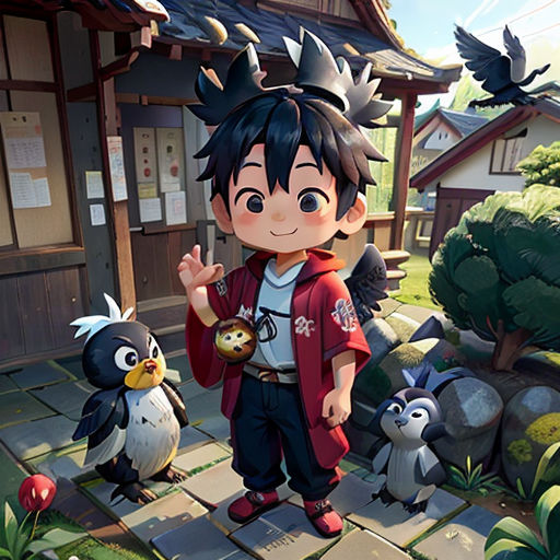 a boy standing in front of a bird and a penguin in a garden with a building in the background