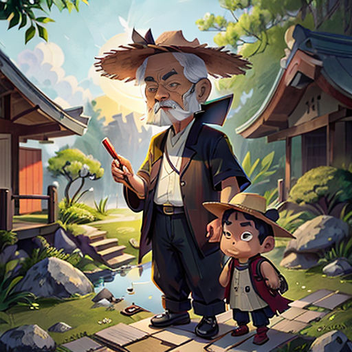 a man and a child standing in front of a small building with a japanese landscape behind them, and a man with a hat and a cane