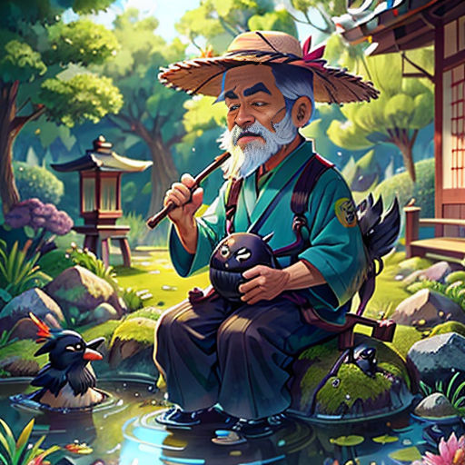a man sitting on a small pond with a bird in his hand and a bird in his hand, and a bird in his hand