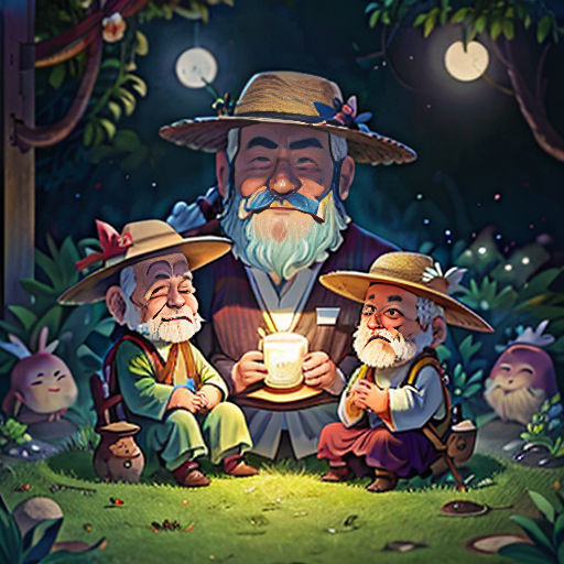 a painting of three gnomes holding a candle in a forest at night with the moon shining above them