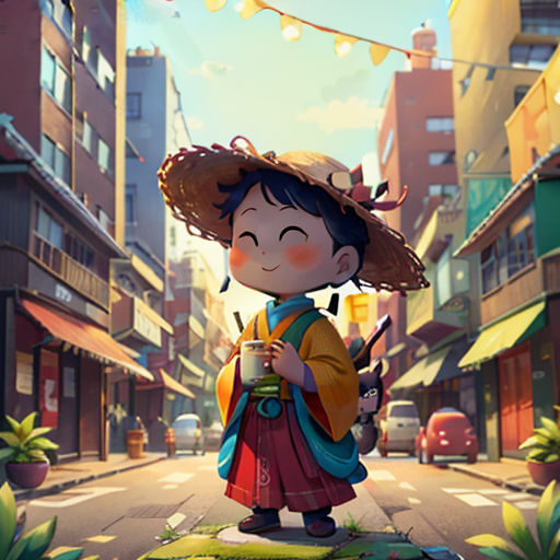 a cartoon character is standing on a city street with a straw hat on her head and a drink in her hand