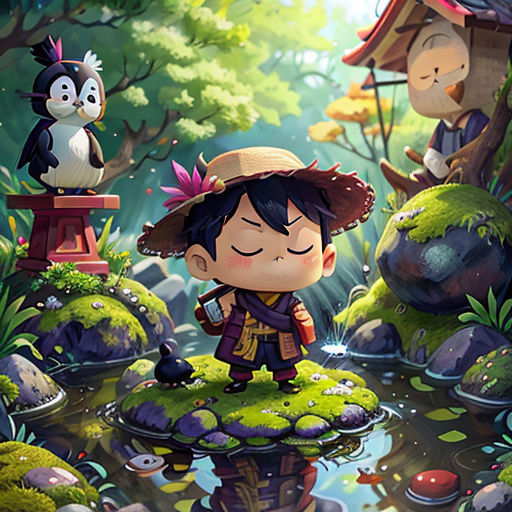 a cartoon character standing on a small island in the middle of a forest with a bird perched on top of it