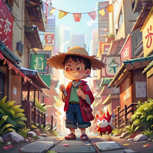 a boy in a hat and a red jacket is standing in a narrow alleyway with a cat and a red and white dog