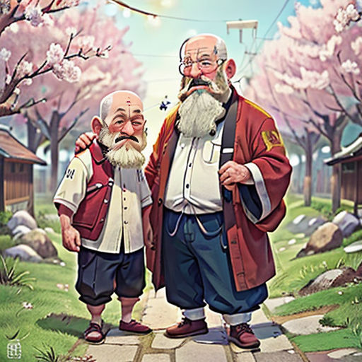 two older men standing next to each other in front of a park with cherry trees and a sky background