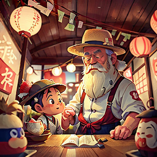 a man and a boy are sitting at a table with a book and a lamp in the background, and a lantern in the background