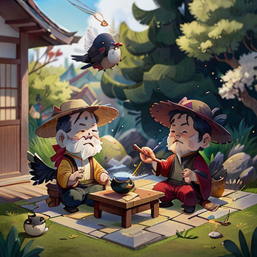 two asian children eating out of bowls in a garden with a bird flying overhead and a bird flying overhead