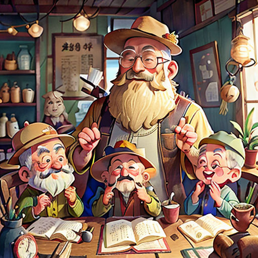 a group of people sitting around a table with books and a clock on it, with a man with a beard