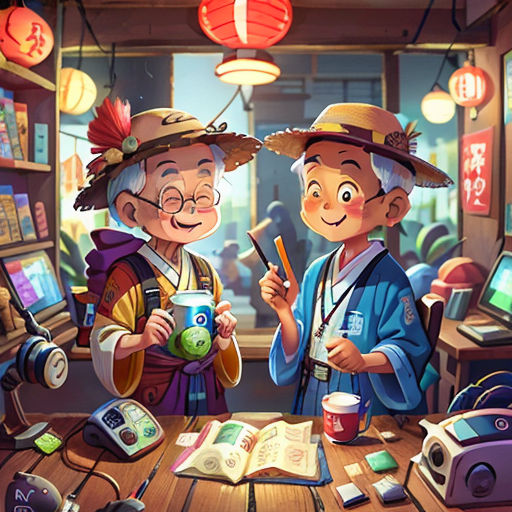 two people standing in a room with a table full of books and electronic devices and a lamp above them