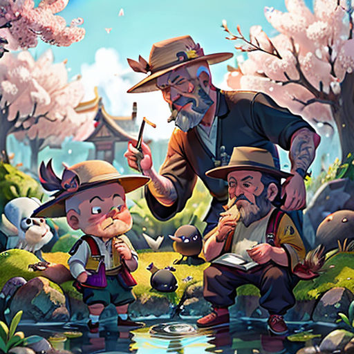a painting of a man and two children by a pond with a dog and cat on it, and a man holding a pipe