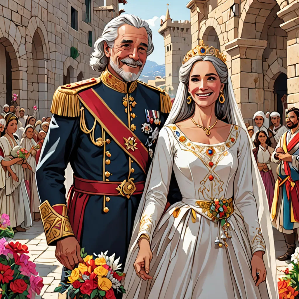 a painting of a man and woman in wedding attire standing next to each other in front of a castle, fantasy art, a storybook illustration, Altoon Sultan, official art