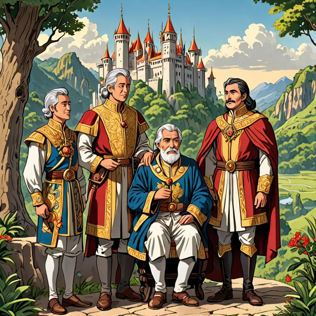 a group of people standing next to each other near a tree and a castle in the background with a sky, sots art, a storybook illustration, Brothers Hildebrandt, official art