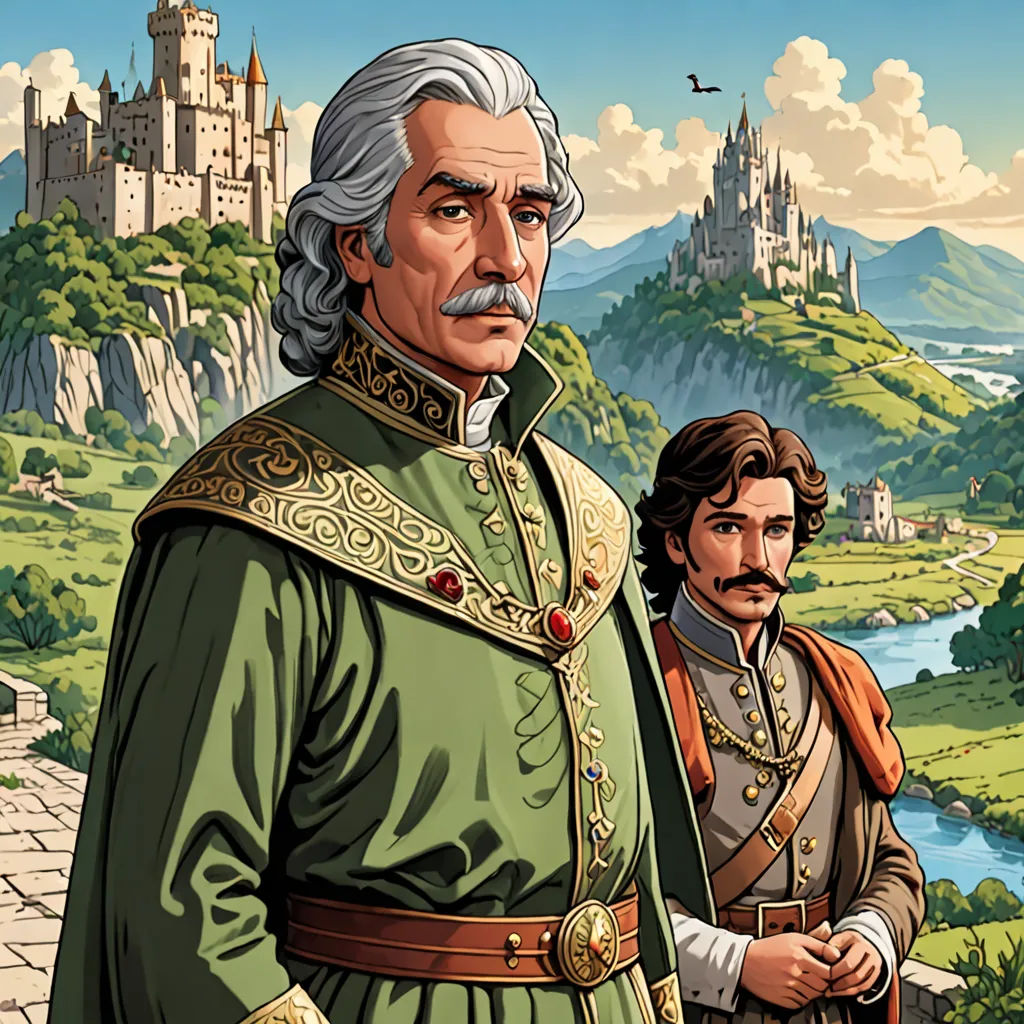 a man in a green outfit standing next to a man in a red suit and a castle in the background, fantasy art, a storybook illustration, Brothers Hildebrandt, official art