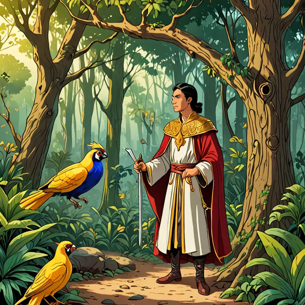 a man in a forest with a bird and a sword in his hand and a parrot on his arm, fantasy art, a storybook illustration, Charles Bird King, storybook illustration