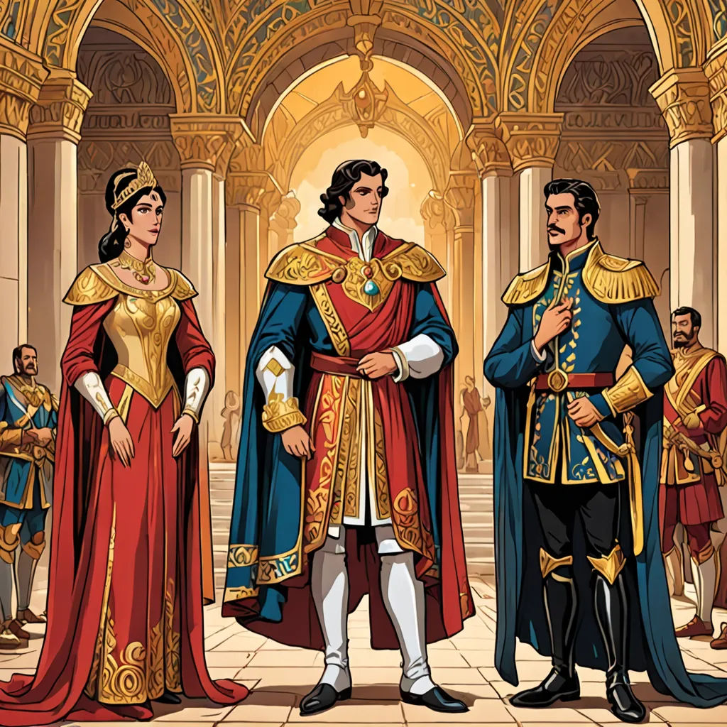 a cartoon of a man and woman in medieval dress standing in a palace hallway with other people around them, qajar art, a storybook illustration, Amadeo de Souza Cardoso, official art
