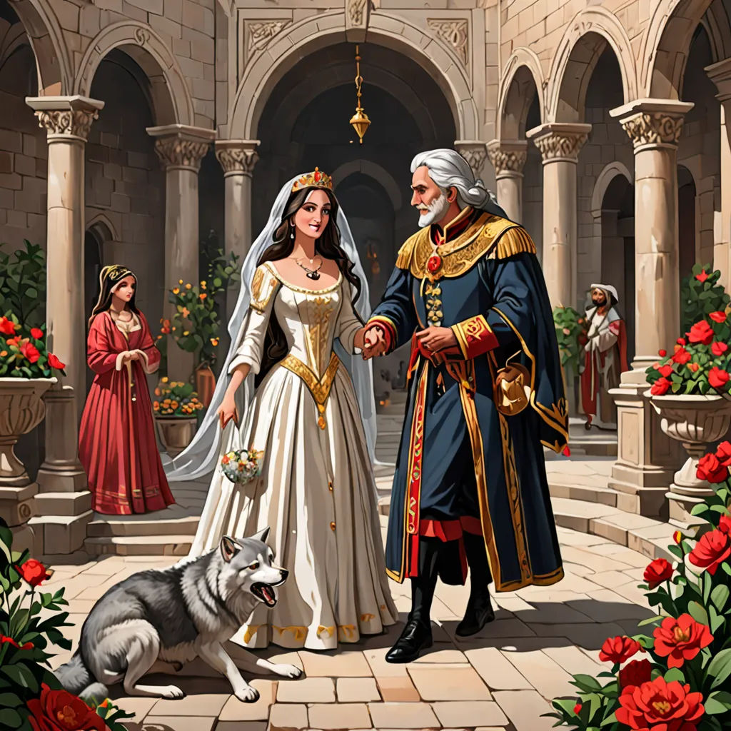 a painting of a man and woman in wedding attire shaking hands with a dog in front of a castle, fantasy art, a storybook illustration, Anne Stokes, storybook illustration